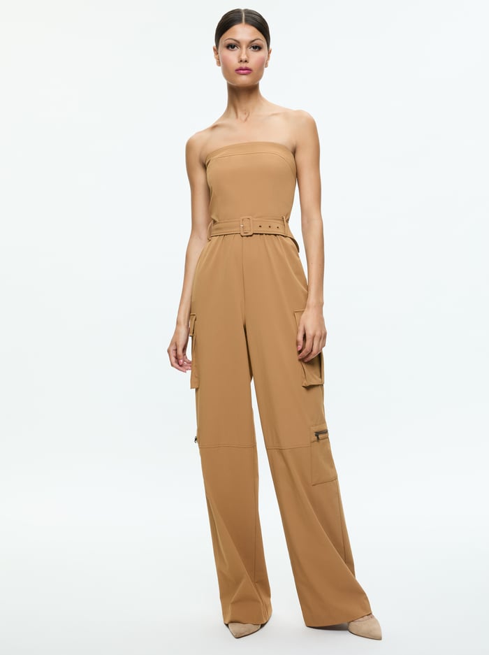 alice & olivia SACHIKO STRAPLESS CARGO JUMPSUIT TAN