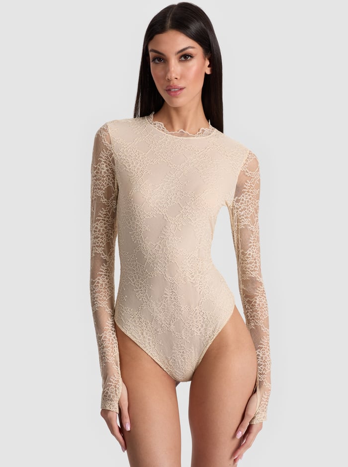 alice & olivia TAEYN LACE BODYSUIT BISCOTTI