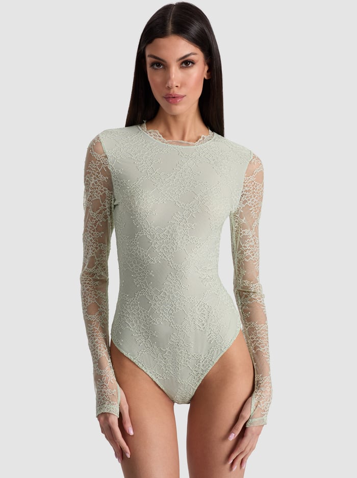 alice & olivia TAEYN LACE BODYSUIT BISCOTTI