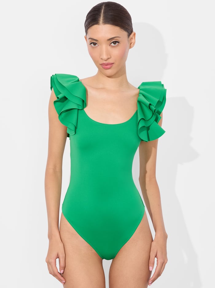 alice & olivia TAWNY RUFFLE BODYSUIT LIGHT EMERALD
