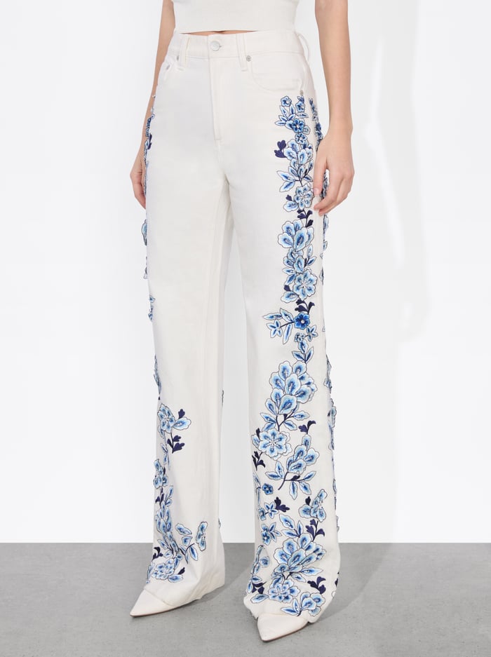 alice & olivia WEEZY EMBROIDERED JEAN OFF WHITE