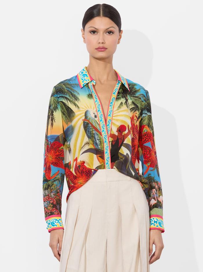 alice & olivia WILLA SILK BLOUSE ISLAND DREAMS MULTI