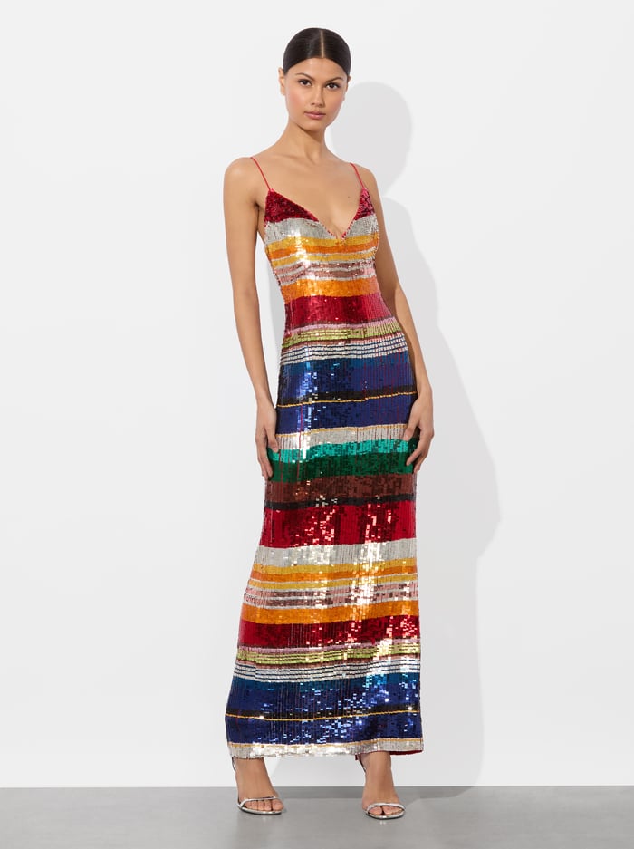 alice & olivia ARTEA EMBELLISHED MAXI DRESS RAINBOW STRIPE