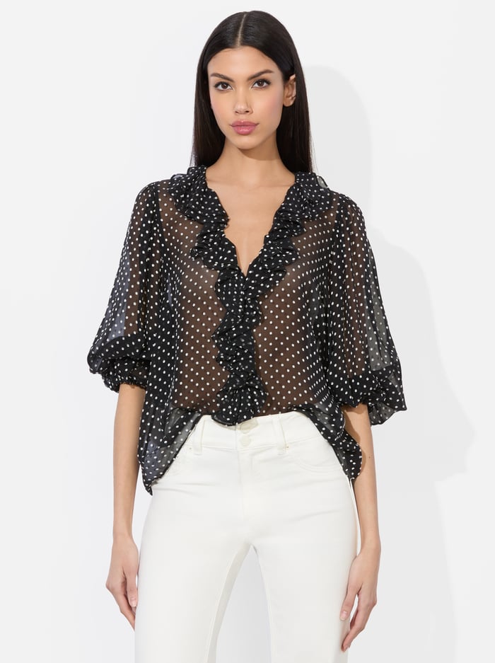 alice & olivia BETSIE RUFFLED BLOUSE BLACK/OFF WHITE POLKA DOT