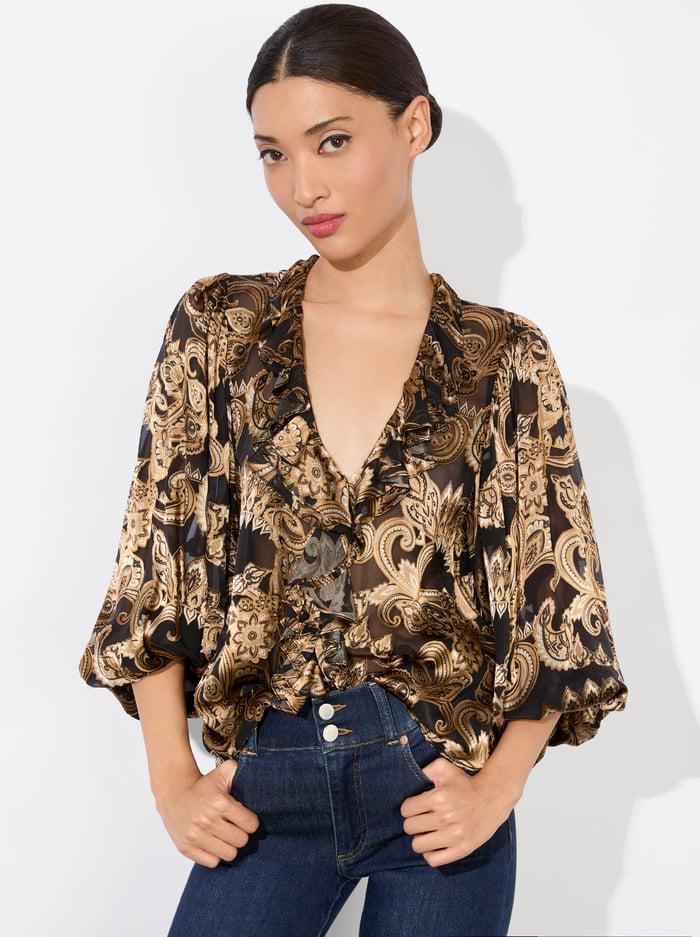 alice & olivia BETSIE RUFFLED BLOUSE SPRING PAISLEY BLACK