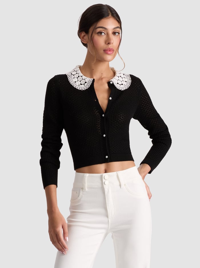 alice & olivia CARSON COLLARED CARDIGAN BLACK/SOFT WHITE