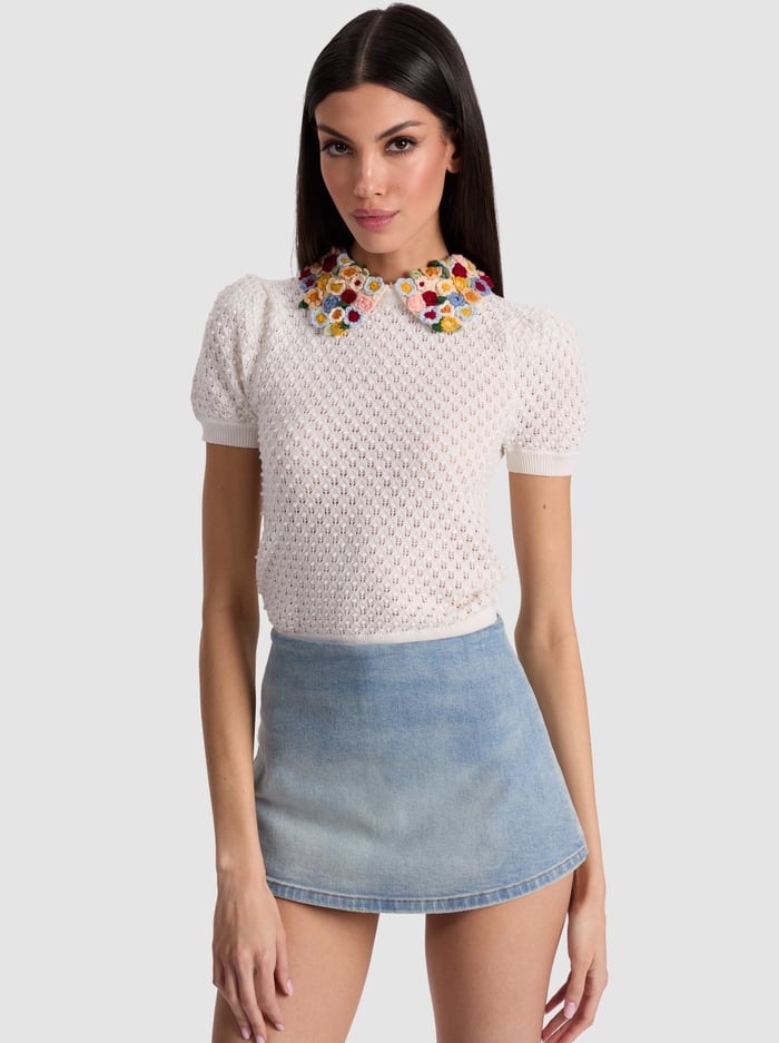 alice & olivia CHASE PUFF SLEEVE SWEATER SOFT WHITE/MULTI