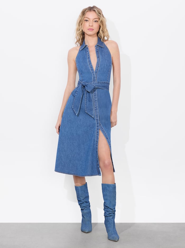 alice & olivia CHASSIDY CHAMBRAY MIDI DRESS MEDIUM INDIGO CHAMBRAY