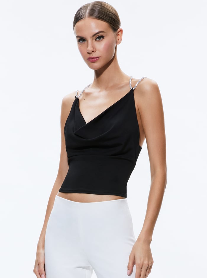 alice & olivia CORAL CRYSTAL STRAP COWL NECK TOP BLACK
