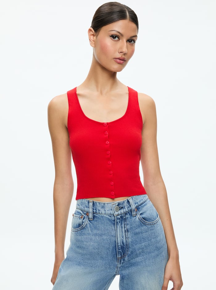 alice & olivia DARYN BUTTON THROUGH CROPPED TANK AVOCADO
