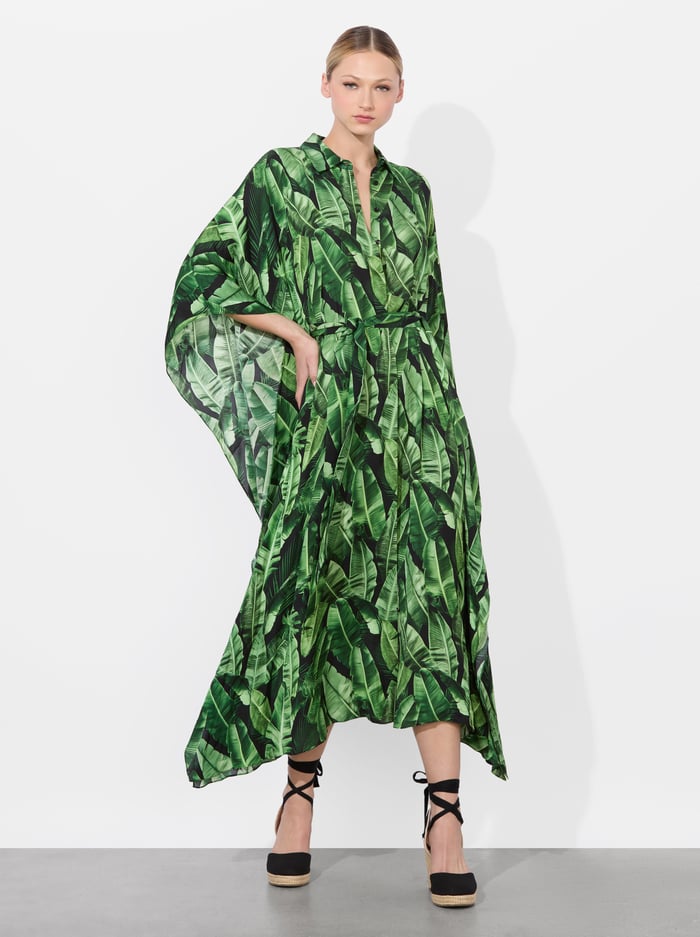 alice & olivia DEANNE MIDI SHIRT DRESS JUNGLE PALM BLACK