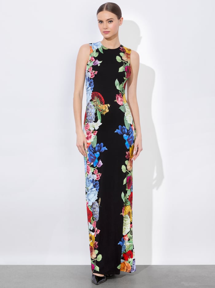 alice & olivia DELORA OPEN BACK MAXI DRESS GARDEN BRUNCH BLACK