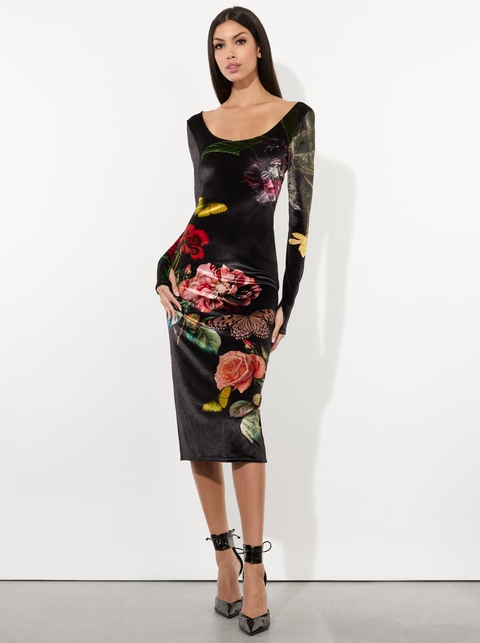 alice & olivia DELORA VELVET MIDI DRESS IN THE WIND FLORAL