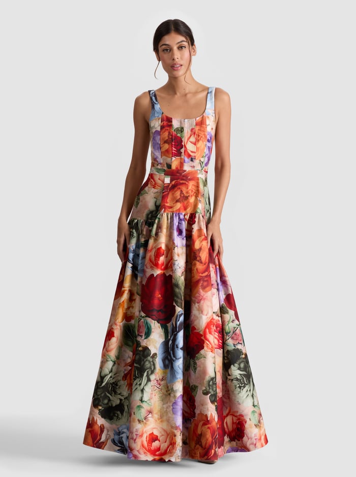 alice & olivia DIANA STRUCTURED MAXI DRESS STORM FLORAL LG