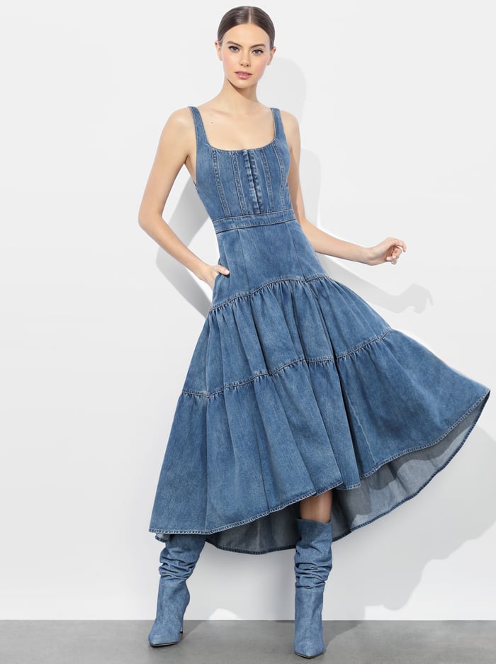 alice & olivia DIANA STRUCTURED MIDI DRESS LIANA VINTAGE BLUE