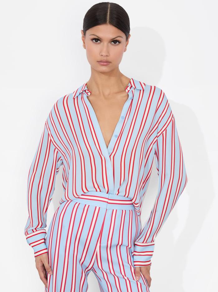 alice & olivia DIMITRA OVERSIZED BUTTON DOWN TEAKWOOD STRIPE MINERAL BLUE/B