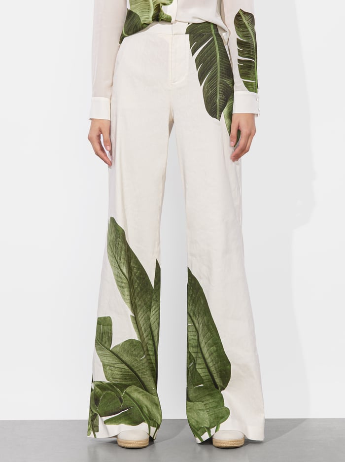 alice & olivia DYLAN LINEN PANT JUNGLE PALM OFF WHITE