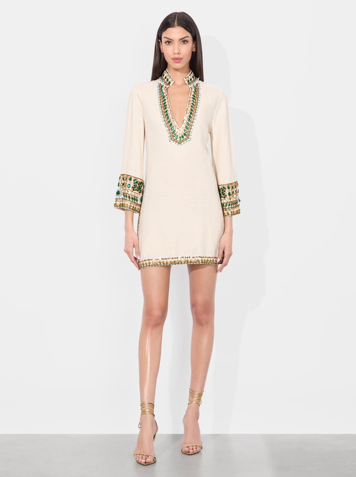 alice & olivia ELEONORA EMBELLISHED TUNIC DRESS OFF WHITE MULTI