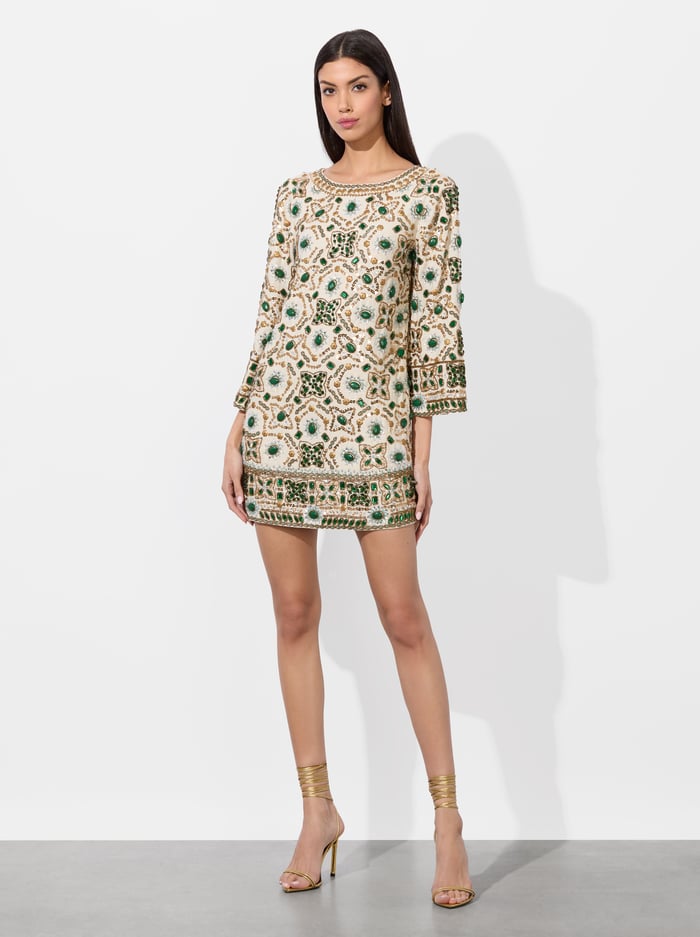 alice & olivia ELEONORA EMBELLISHED TUNIC DRESS OFF WHITE MULTI