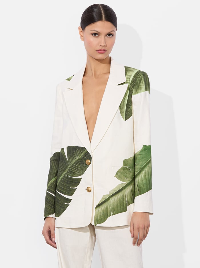 alice & olivia ELNA LINEN BLAZER JUNGLE PALM OFF WHITE