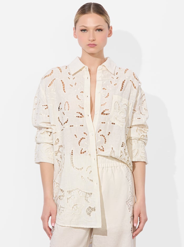 alice & olivia FINELY EYELET OVERSIZED BUTTON DOWN OFF WHITE