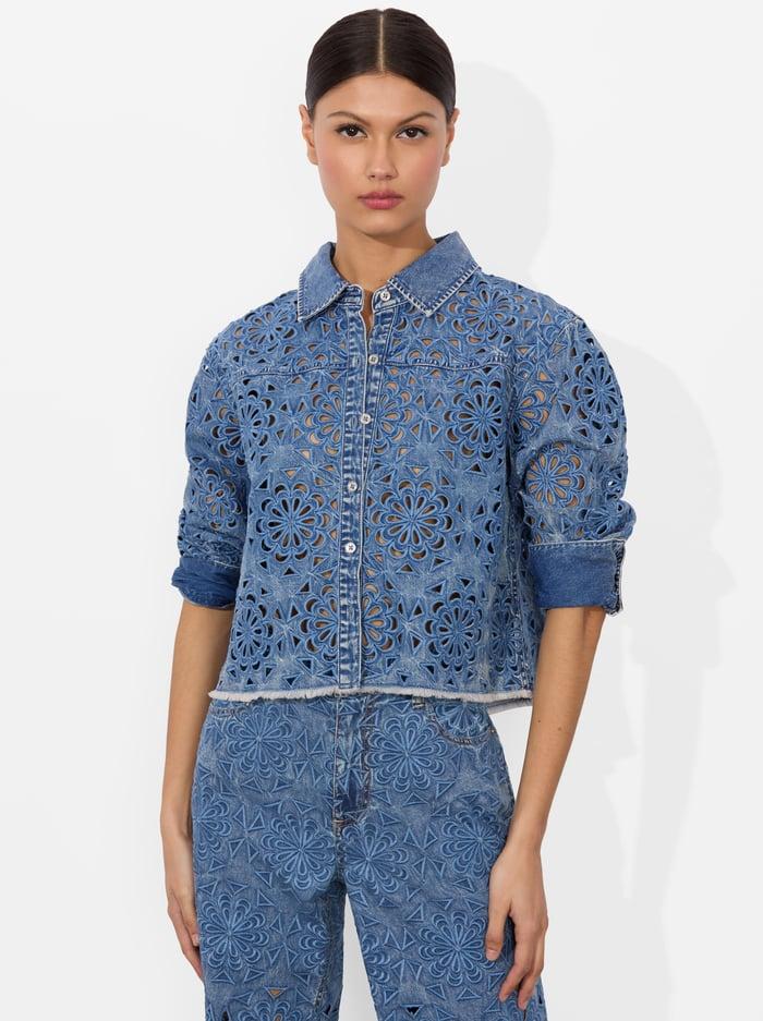 alice & olivia FINELY LASERCUT DENIM SHIRT AVERY BLUE