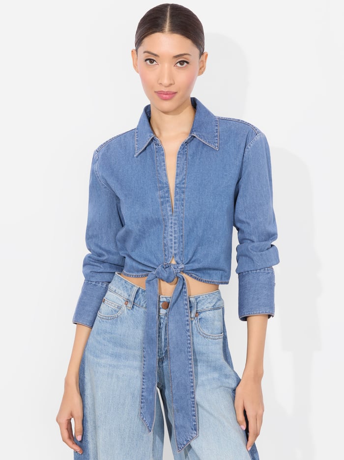 alice & olivia HANNON CHAMBRAY TIE FRONT BLOUSE MEDIUM INDIGO CHAMBRAY