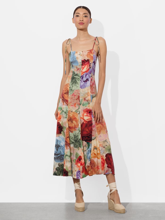 alice & olivia JEANETTE PANELED MIDI DRESS STORM FLORAL LG