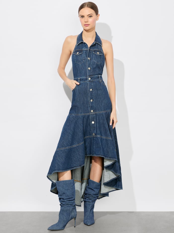 alice & olivia JUANA HIGH LOW DENIM DRESS DARBY VINTAGE BLUE
