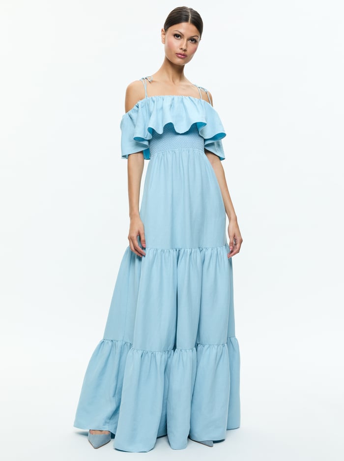 alice & olivia KIA OFF THE SHOULDER TIERED MAXI DRESS MINERAL BLUE