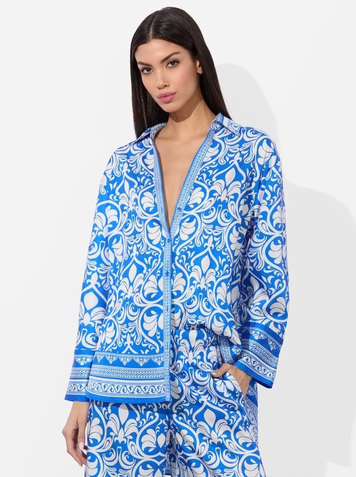 alice & olivia KIVA OVERSIZED PAJAMA SHIRT SOIREE TRUE BLUE