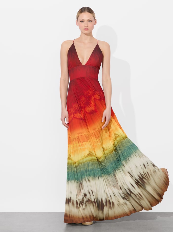 alice & olivia LAUREN PLEATED MAXI DRESS CRYSTAL TIE DYE