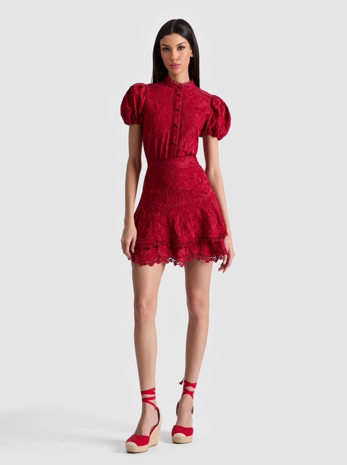 alice & olivia LORYN EMBROIDERED SHIRT DRESS DARK CHERRY