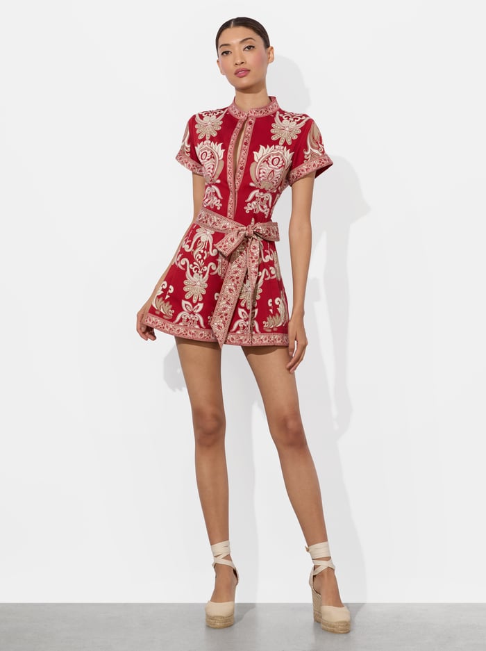 alice & olivia LUCY BUTTON DOWN ROMPER SERENADE DARK CHERRY