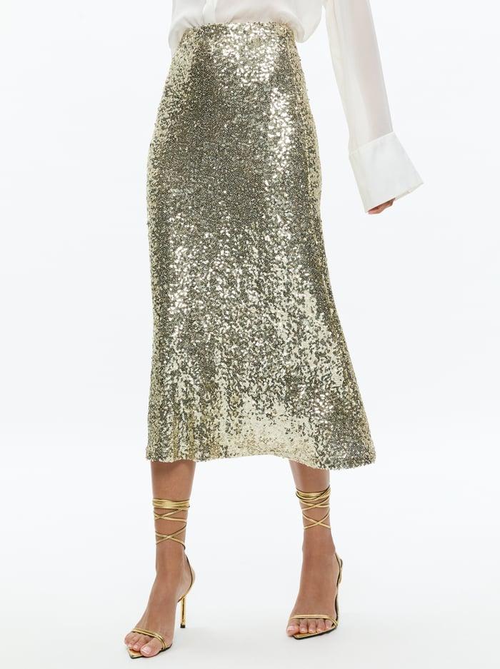 alice & olivia MAEVE SEQUIN KICK FLARE SLIP SKIRT CHAMPAGNE/SILVER