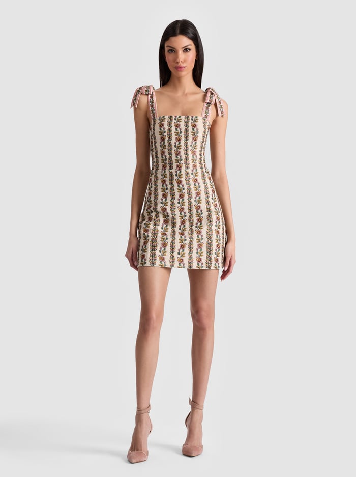 alice & olivia MARYRANN EMBROIDERED MINI DRESS OFF WHITE/MULTI