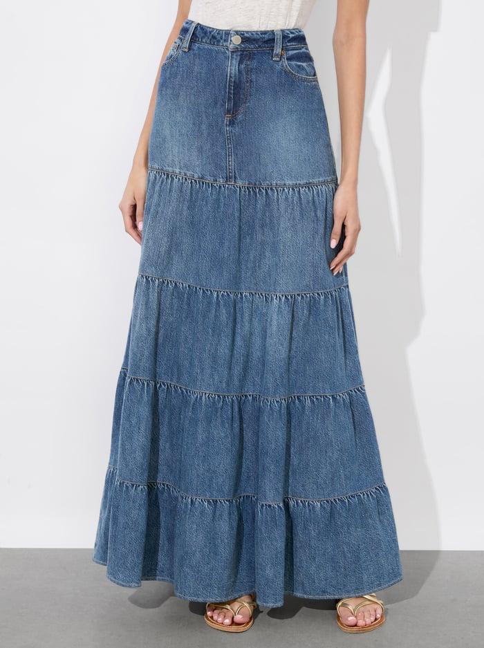 alice & olivia MINDY TIERED MAXI SKIRT LIANA VINTAGE BLUE