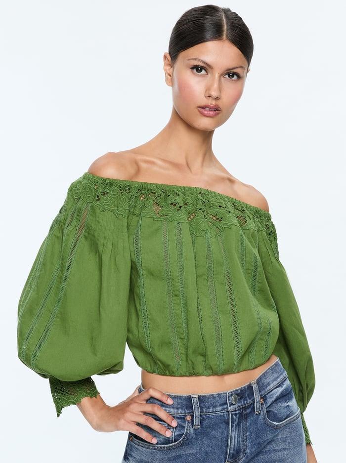 alice & olivia NAN EMBROIDERED OFF THE SHOULDER BLOUSE AVOCADO