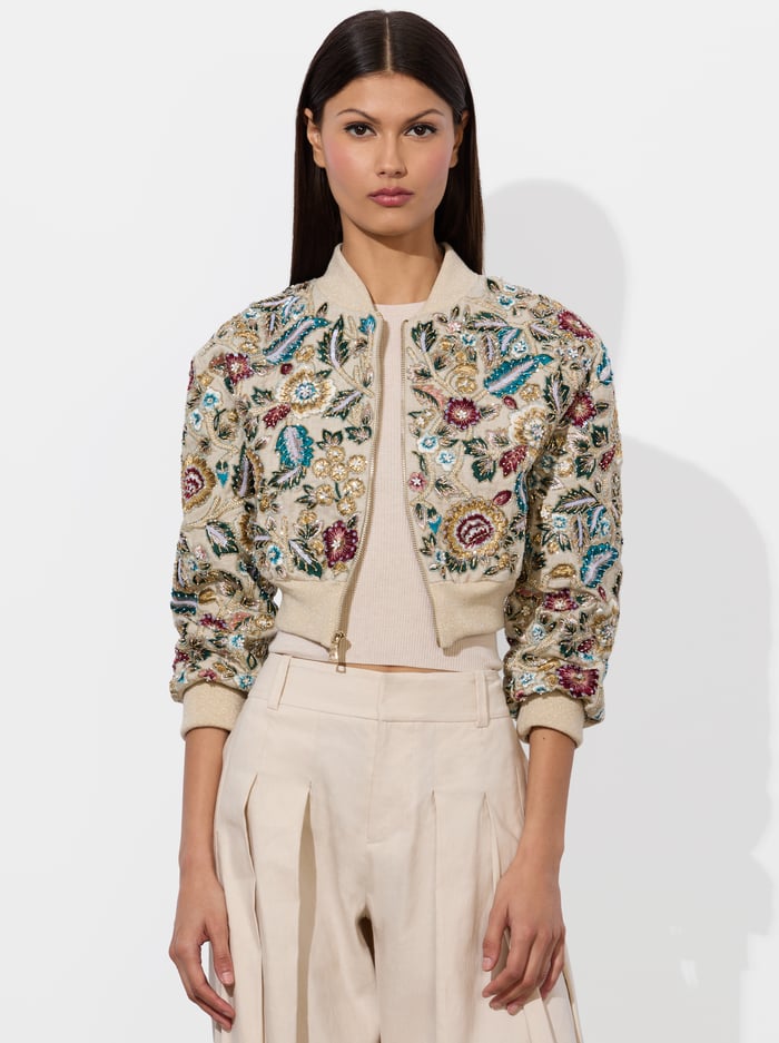 alice & olivia ODIE EMBELLISHED BOMBER BISCOTTI/MULTI