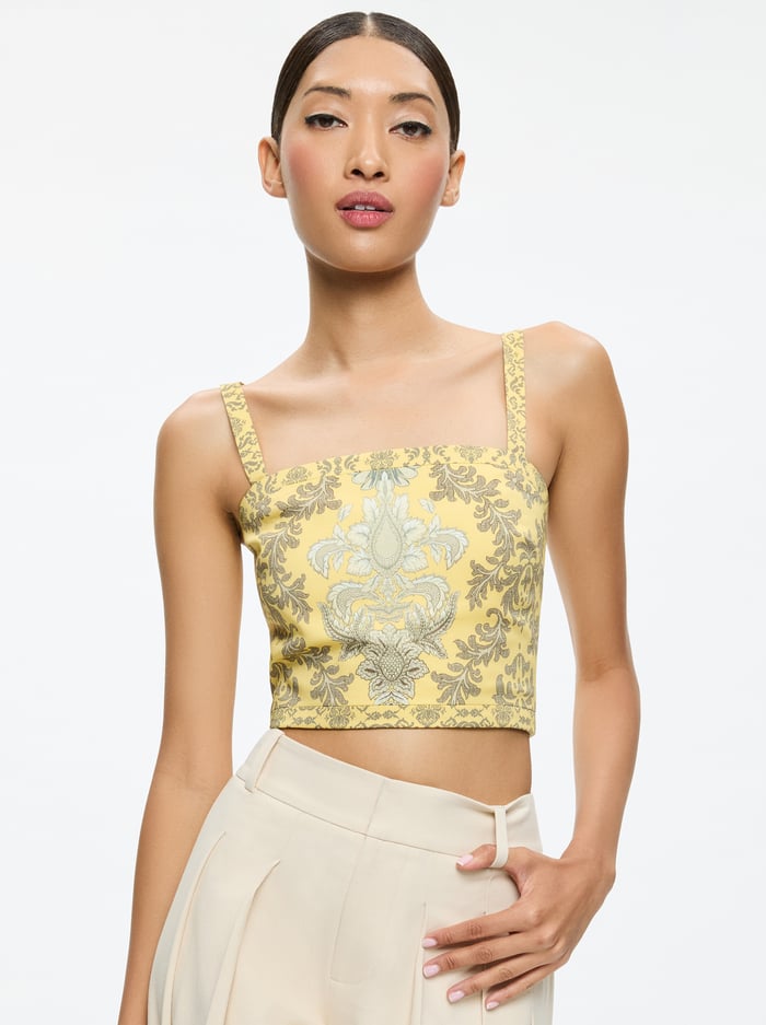 alice & olivia SASHA LACE UP BACK CROPPED TOP VANITY LEMON MERINGUE/MULTI