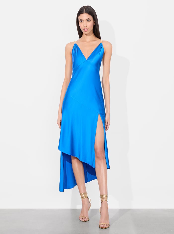 alice & olivia SAVANA CHAIN STRAP MIDI DRESS TRUE BLUE