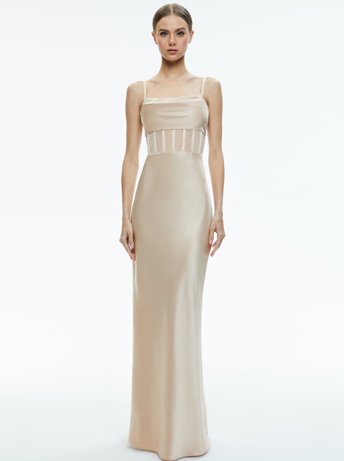 alice & olivia VALENTINA DRAPED CORSET MAXI DRESS ALMOND