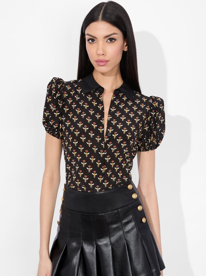 alice & olivia WILLA PUFF SLEEVE SATIN BLOUSE QUEEN BEE