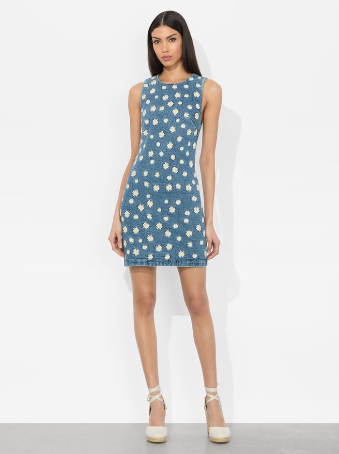 alice & olivia WYNELL EMBROIDERED MINI DRESS MEDIUM WASH