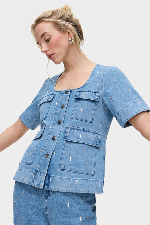aligne ALIGNE Diamante Denim Top - Blue | Chico TOPS
