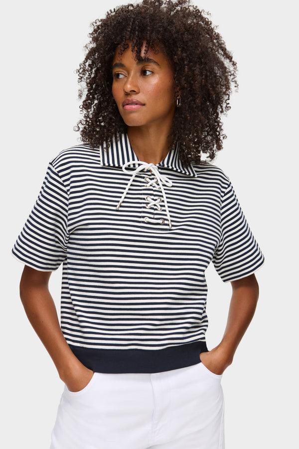 aligne ALIGNE Lace-up Striped Top - Navy | Arlo TOPS