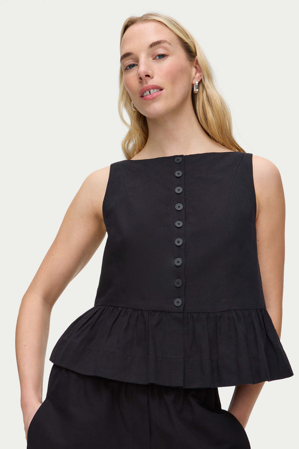 aligne ALIGNE Linen Peplum Top- Black | Penelope TOPS