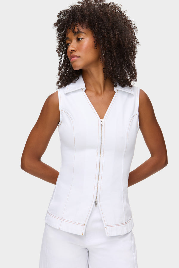 Aligne ALIGNE Zip Front Denim Top - White | Whim TOPS