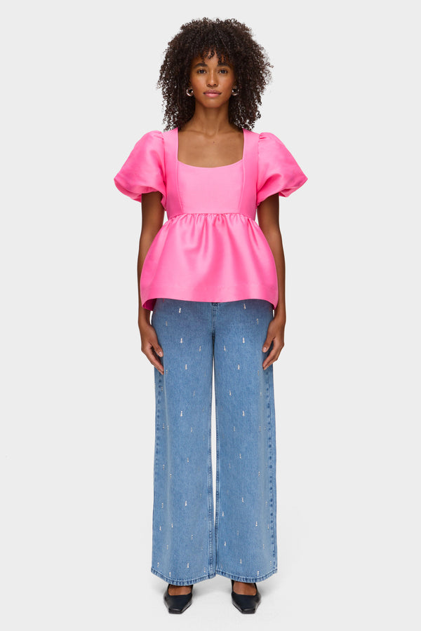 Aligne ALIGNE Puff Sleeve Peplum Satin Top - Pink | Allanah TOPS