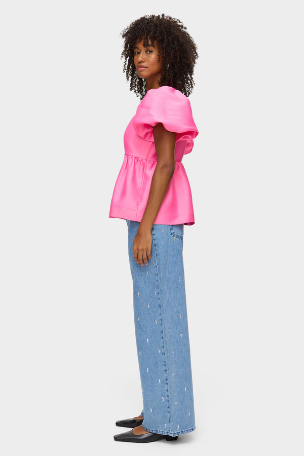 Aligne ALIGNE Puff Sleeve Peplum Satin Top - Pink | Allanah TOPS